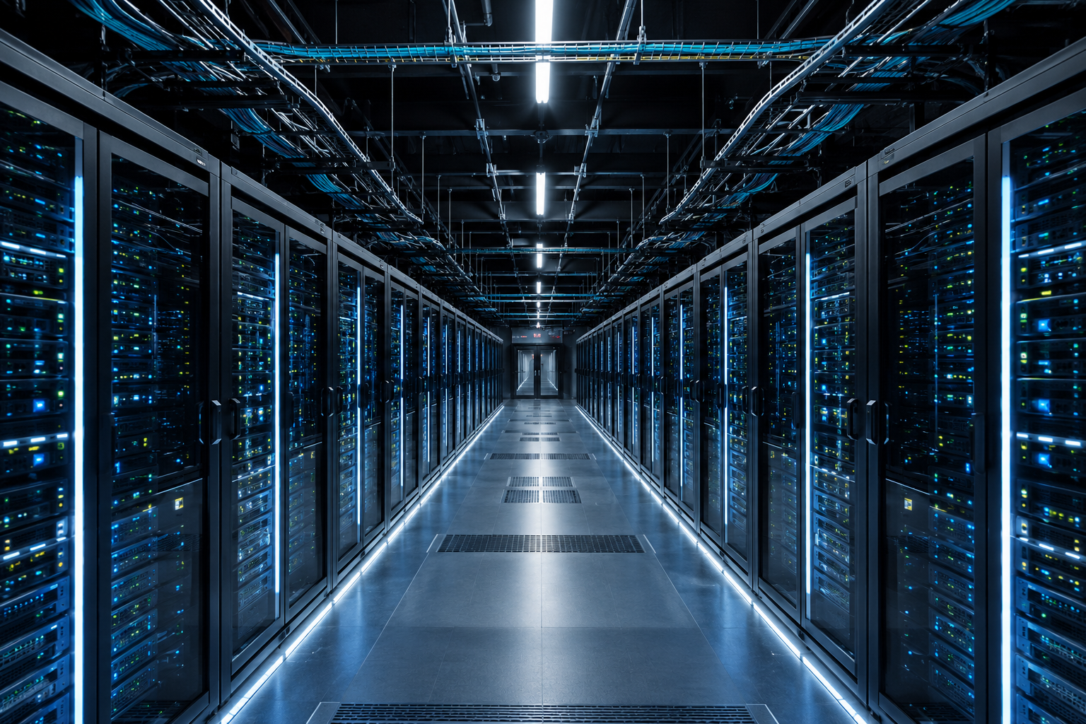 Ulička datacentra s řadami serverových racků v modrém osvětlení