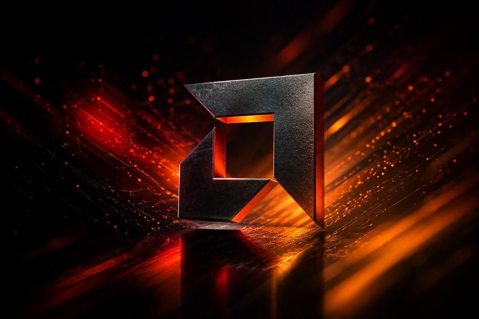 Kovové logo AMD v oranžovo-červeném nasvícení nad odlesky datového toku