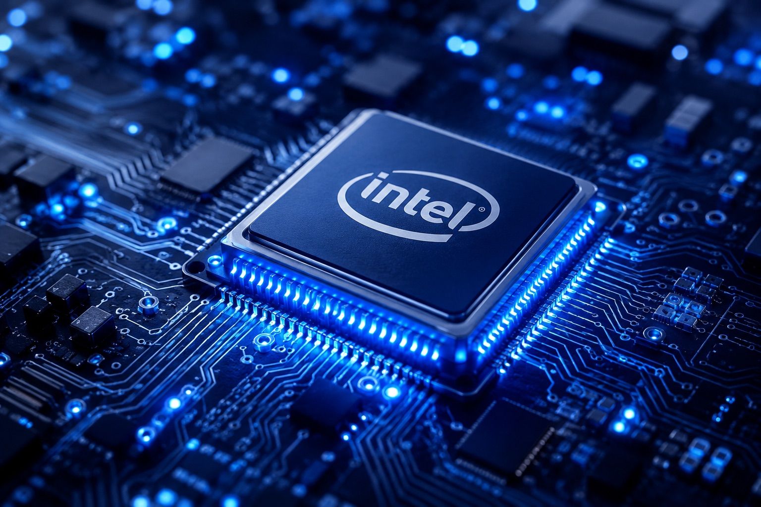 Procesor Intel na základní desce s modře nasvícenými spoji plošného spoje